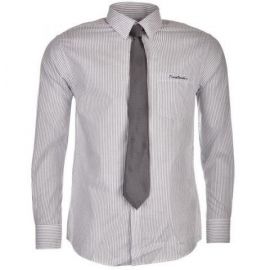 Košile Pierre Cardin Shirt and Tie Set Mens Wht/Grey Stripe